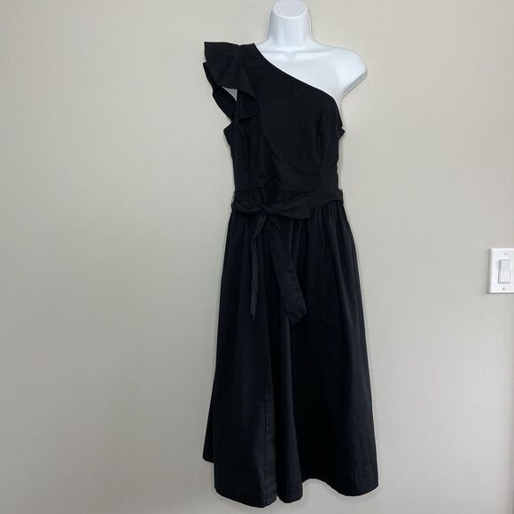 J.CREW Midi Dress Women 6 One-Shoulder Solid Black Cotton Blend Tie Waist CA430 - Picture 1 of 14